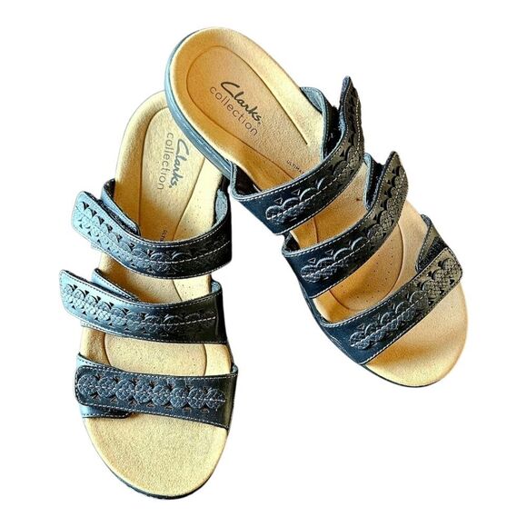 CLARKS COLKECTION Black Leather LAURIEANN Cove Ajustable Velcro Flat Sandals 9W - Picture 3 of 14